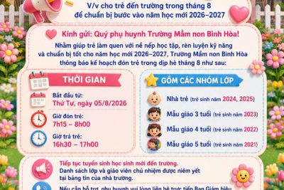 TRƯỜNG MẦM NON BÌNH HÒA THÔNG BÁO LỊCH CHO CÁC CON RA LỚP TRONG THÁNG 8 NĂM 2026