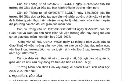 KẾ HOẠCH TUYỂN SINH NĂM 2026 – 2027 TRƯỜNG MẦM NON BÌNH HÒA